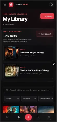 Cinema Vault mobile My Library view showing box sets